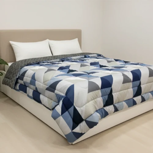 Navy patchwork heavy winter quilt rajai king size 4.5kg with diagonal diamond geometric pattern by Vardhman Mills