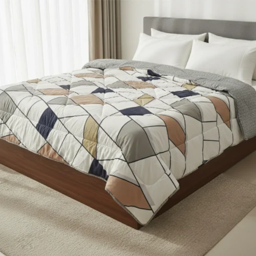 Neutral mosaic heavy winter quilt rajai king size 4.5kg with stained-glass geometric pattern by Vardhman Mills