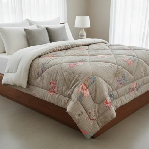 Tan floral quilted heavy winter quilt rajai king size 4.5kg with vintage artisan pattern by Vardhman Mills