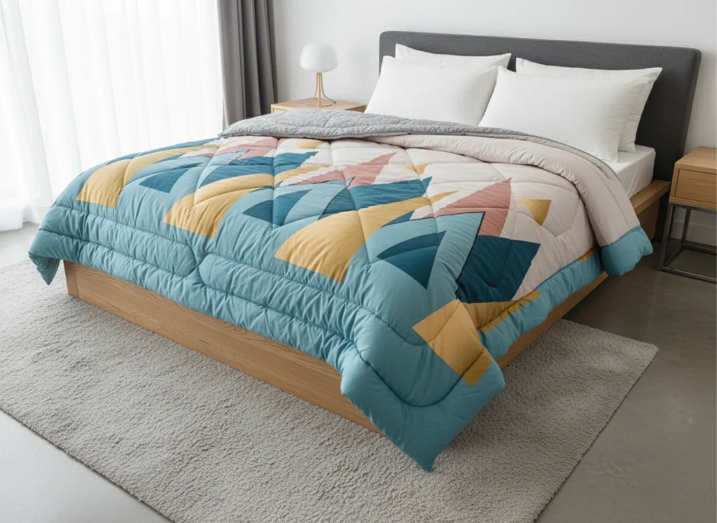 Teal geometric chevron heavy winter quilt rajai king size 4.5kg with bold angular pattern by Vardhman Mills