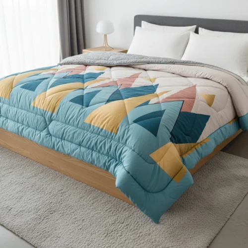 Teal geometric chevron heavy winter quilt rajai king size 4.5kg with bold angular pattern by Vardhman Mills