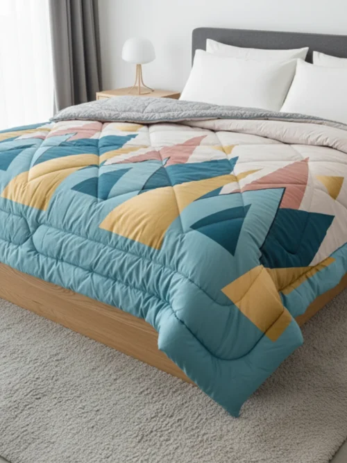 Teal geometric chevron heavy winter quilt rajai king size 4.5kg with bold angular pattern by Vardhman Mills