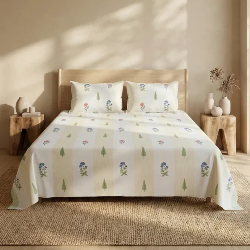 Cream multi floral stripe hand block print cotton bedsheet king size 108x108 with reversible pillow covers