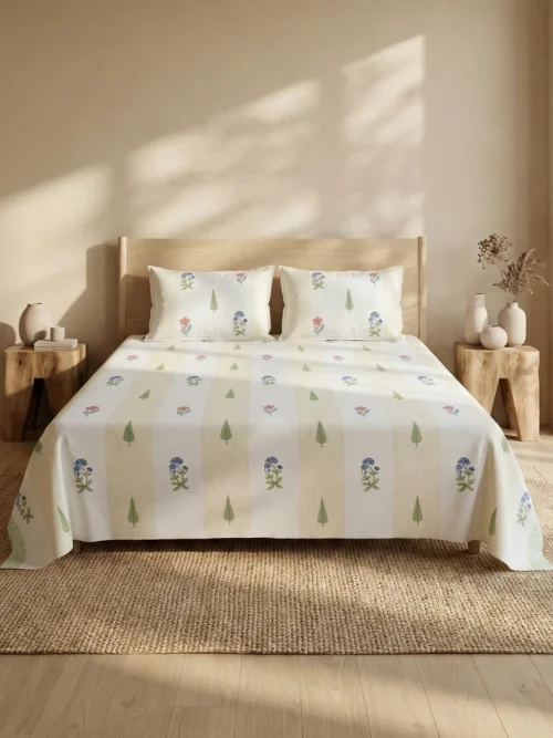 Cream multi floral stripe hand block print cotton bedsheet king size 108x108 with reversible pillow covers