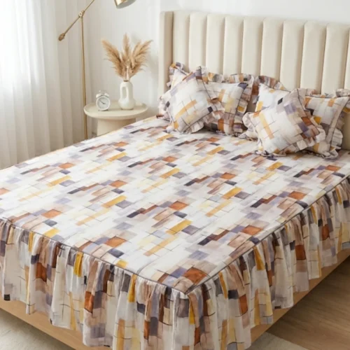 Frill bedsheet king size set in Autumn Abstract pattern - 100% cotton frilled bedsheet with ruffle skirt, matching pillow covers and filled cushions