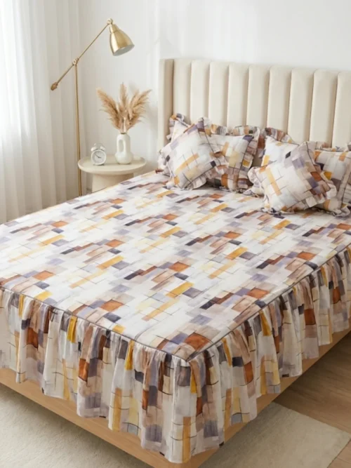 Frill bedsheet king size set in Autumn Abstract pattern - 100% cotton frilled bedsheet with ruffle skirt, matching pillow covers and filled cushions