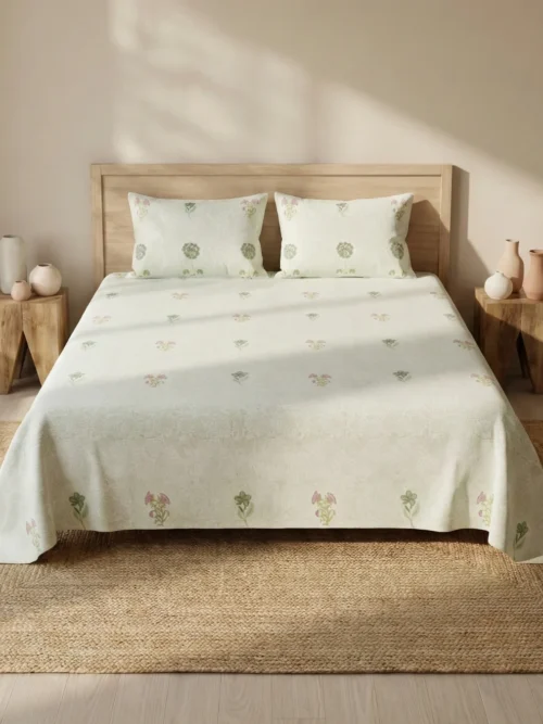 Off-white small floral buti hand block print cotton bedsheet king size 108x108 with reversible pillow covers