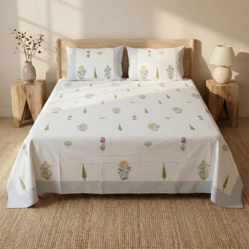 White floral buti hand block print cotton bedsheet king size 108x108 inches with reversible pillow covers