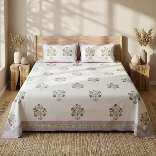 White lavender floral bunch hand block print cotton bedsheet king size 108x108 with reversible pillow covers