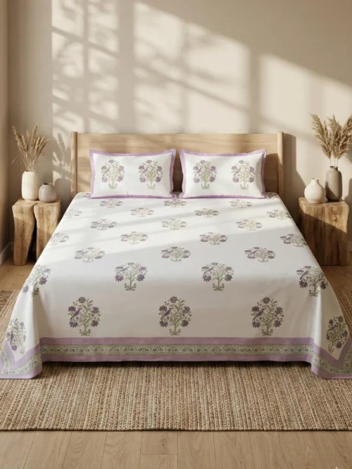 White lavender floral bunch hand block print cotton bedsheet king size 108x108 with reversible pillow covers