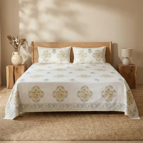White Mughal floral motif hand block print cotton bedsheet king size 108x108 with reversible pillow covers