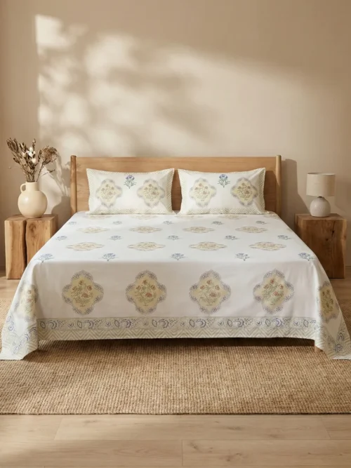 White Mughal floral motif hand block print cotton bedsheet king size 108x108 with reversible pillow covers