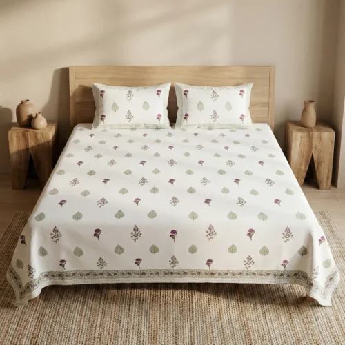 White multi floral buti hand block print cotton bedsheet king size 108x108 with reversible pillow covers