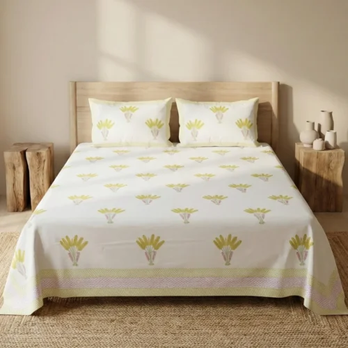 White yellow floral bouquet hand block print cotton bedsheet king size 108x108 with reversible pillow covers