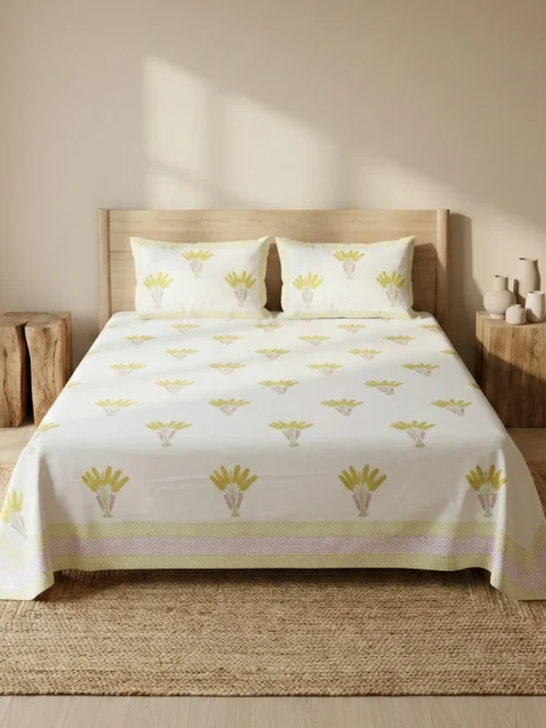 White yellow floral bouquet hand block print cotton bedsheet king size 108x108 with reversible pillow covers
