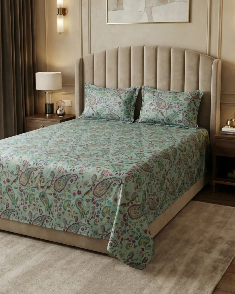 Digital print bedsheet in Aqua Paisley pattern - 100% cotton digital bedsheet set with pillow covers featuring magenta and teal paisley motifs on aqua mint base