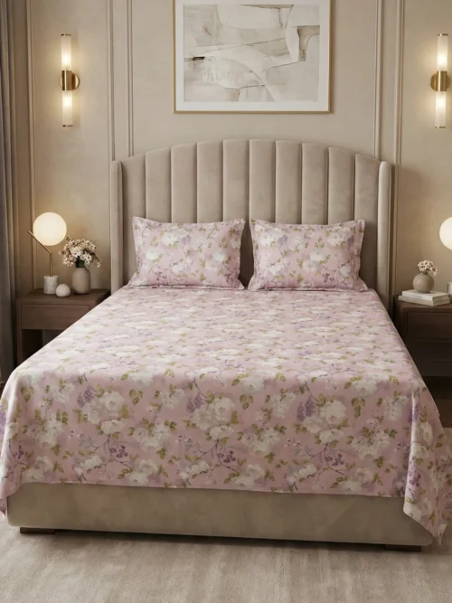 Digital print bedsheet in Pink Peony pattern - 100% cotton digital bedsheet set with pillow covers featuring white peonies and purple blooms on dusty pink base