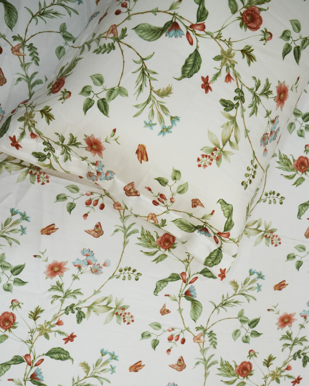 Garden Trail - Digital Print Bedsheet | 100% Cotton Digital Bedsheet Set with Pillow Covers 2 Digital print bedsheet in Garden Trail pattern - 100% cotton digital bedsheet set with pillow covers featuring trailing vines coral flowers and butterflies on cream base