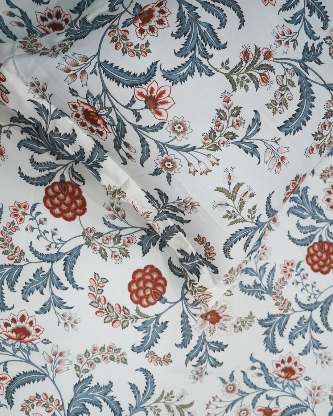 Heritage Chintz - Digital Print Bedsheet | 100% Cotton Digital Bedsheet Set with Pillow Covers 2 Digital print cotton bedsheet close-up showing traditional Indian chintz pattern with teal blue-green foliage rust red dahlias and pink blooms on white background