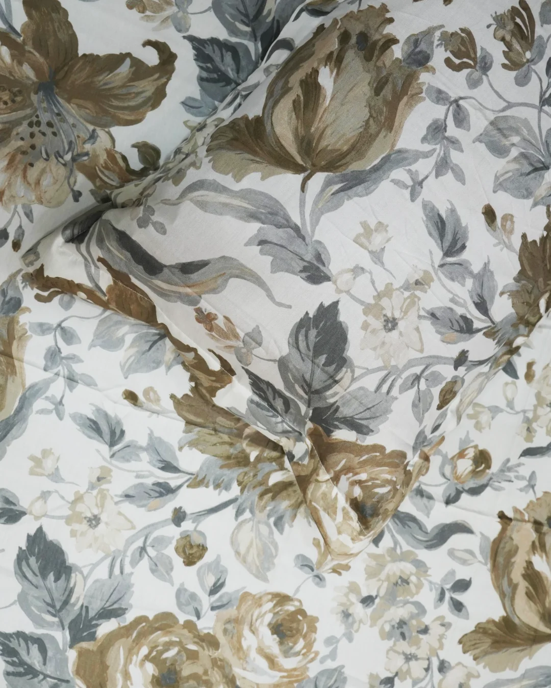 Vintage Rose - Digital Print Bedsheet | 100% Cotton Digital Bedsheet Set with Pillow Covers 2 Digital print cotton bedsheet close-up showing vintage rose floral pattern with beige tan olive green and dusty blue tones on cream background