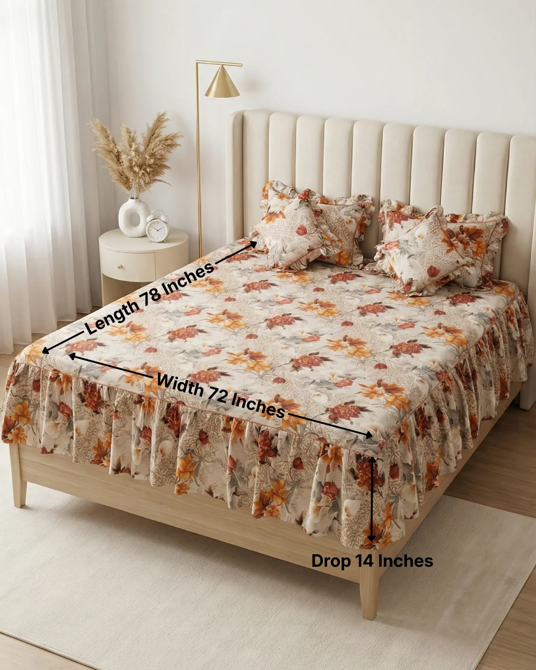 Frill Bedsheet King Size 72x78 | 100% Cotton Frilled Bedsheet Set with Pillow Covers & Filled Cushions – Autumn Bloom 3 Frill bedsheet king size 72x78 inches with 14-inch frill drop - cotton frilled bedsheet in autumn bloom floral print dimension guide