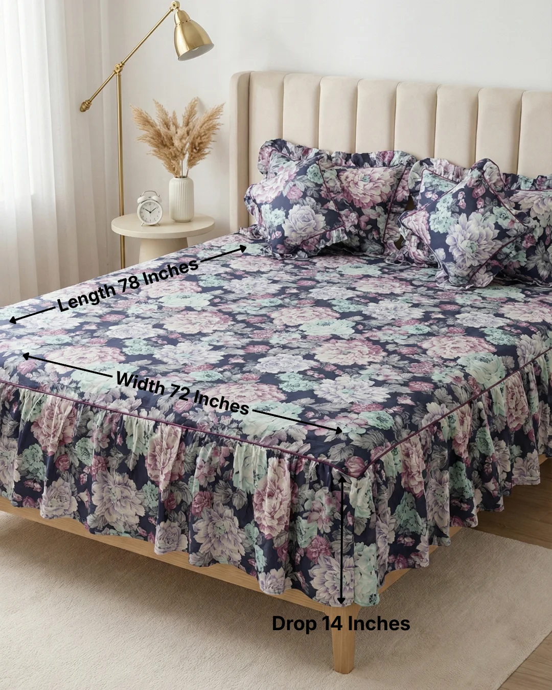 Frill Bedsheet King Size 72x78 | 100% Cotton Frilled Bedsheet Set with Pillow Covers & Filled Cushions – Midnight Garden 3 Frill bedsheet king size 72x78 inches with 14-inch frill drop - cotton frilled bedsheet in midnight garden floral print dimension guide