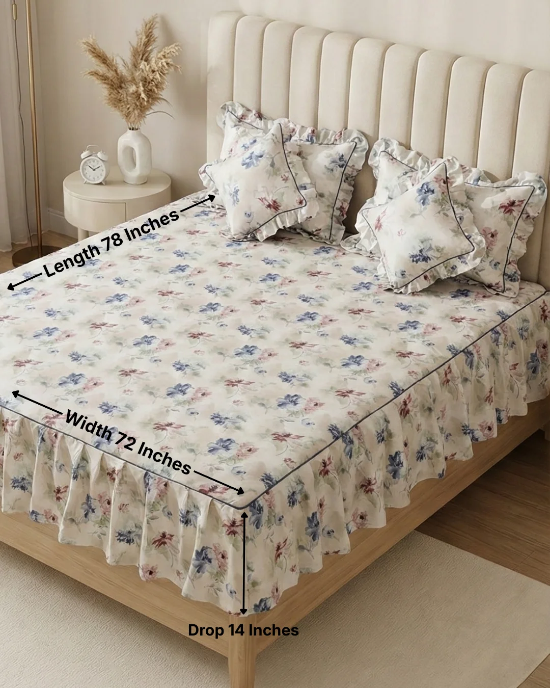 Frill Bedsheet King Size 72x78 | 100% Cotton Frilled Bedsheet Set with Pillow Covers & Filled Cushions – Vintage Blossom 3 Frill bedsheet king size 72x78 inches with 14-inch frill drop - cotton frilled bedsheet in vintage blossom floral print dimension guide