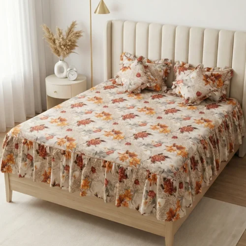 Frill bedsheet king size set in Autumn Bloom pattern - 100% cotton frilled bedsheet with ruffle skirt, matching pillow covers and filled cushions in orange rust floral print on cream