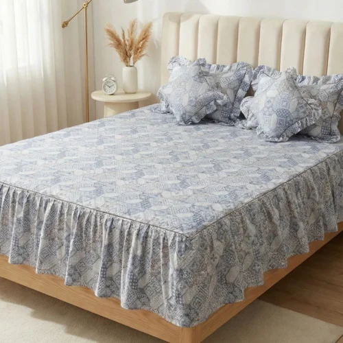 Frill bedsheet king size set in Blue Mosaic pattern - 100% cotton frilled bedsheet with ruffle skirt, matching pillow covers and filled cushions in geometric blue tile print on cream