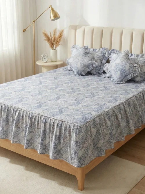Frill bedsheet king size set in Blue Mosaic pattern - 100% cotton frilled bedsheet with ruffle skirt, matching pillow covers and filled cushions in geometric blue tile print on cream