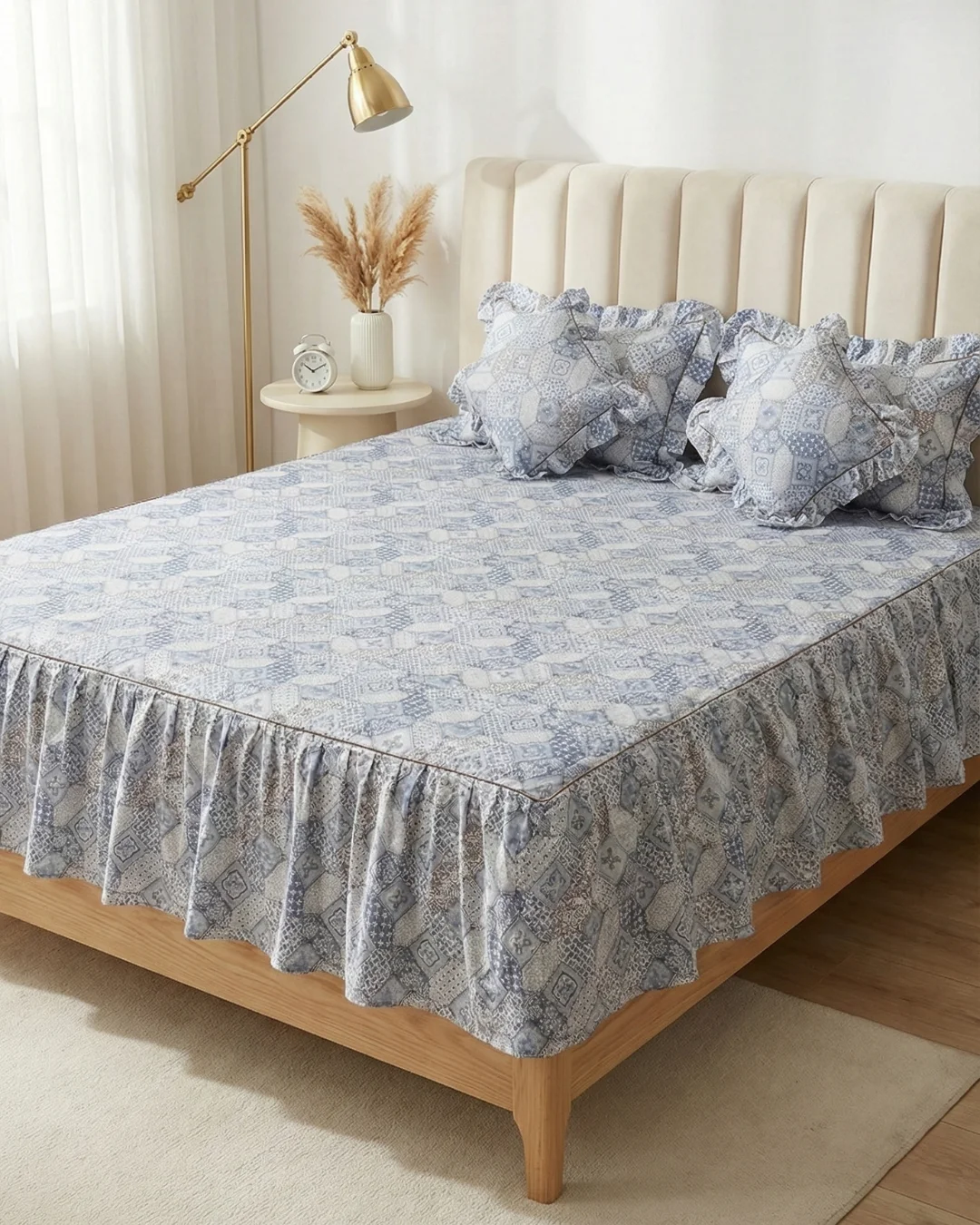 Frill Bedsheet King Size 72x78 | 100% Cotton Frilled Bedsheet Set with Pillow Covers & Filled Cushions – Blue Mosaic 1 Frill bedsheet king size set in Blue Mosaic pattern - 100% cotton frilled bedsheet with ruffle skirt, matching pillow covers and filled cushions in geometric blue tile print on cream