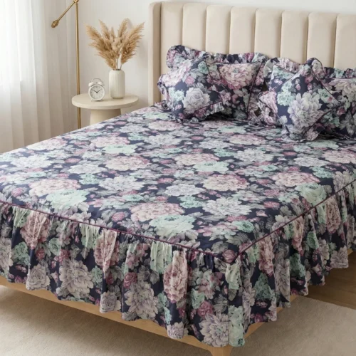 Frill bedsheet king size set in Midnight Garden pattern - 100% cotton frilled bedsheet with ruffle skirt, matching pillow covers and filled cushions in navy blue pink floral print