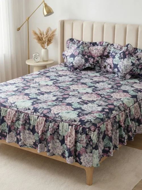 Frill bedsheet king size set in Midnight Garden pattern - 100% cotton frilled bedsheet with ruffle skirt, matching pillow covers and filled cushions in navy blue pink floral print