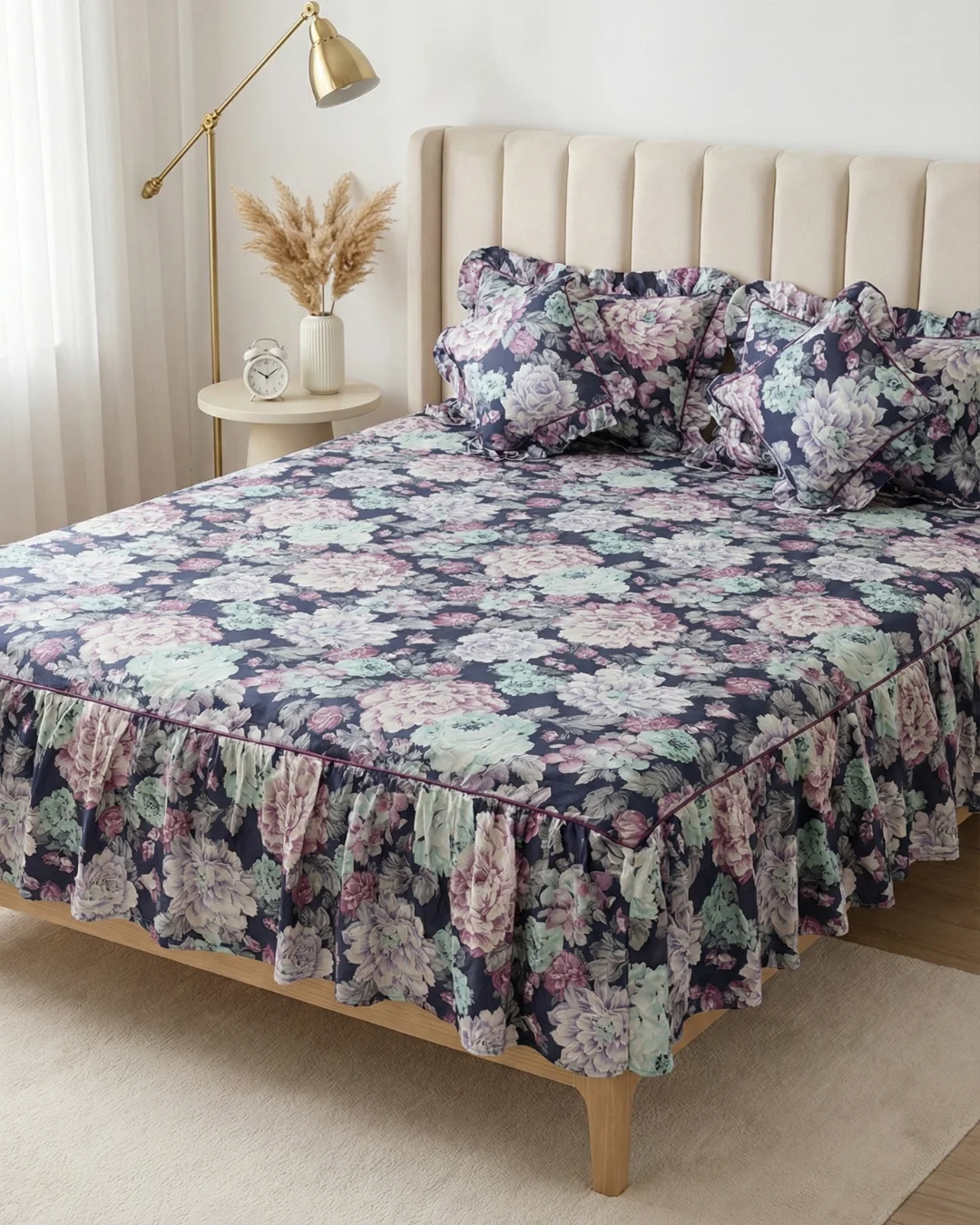 Frill Bedsheet King Size 72x78 | 100% Cotton Frilled Bedsheet Set with Pillow Covers & Filled Cushions – Midnight Garden 1 Frill bedsheet king size set in Midnight Garden pattern - 100% cotton frilled bedsheet with ruffle skirt, matching pillow covers and filled cushions in navy blue pink floral print