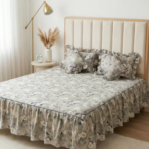 Frill bedsheet king size set in Misty Bloom pattern - 100% cotton frilled bedsheet with ruffle skirt, matching pillow covers and filled cushions in grey watercolor floral print