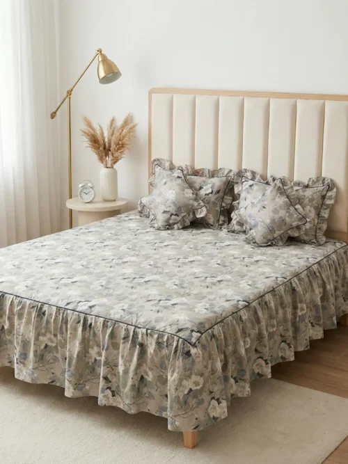 Frill bedsheet king size set in Misty Bloom pattern - 100% cotton frilled bedsheet with ruffle skirt, matching pillow covers and filled cushions in grey watercolor floral print
