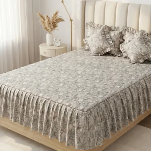 Frill bedsheet king size set in Sage Botanical pattern - 100% cotton frilled bedsheet with ruffle skirt, matching pillow covers and filled cushions in sage green floral print