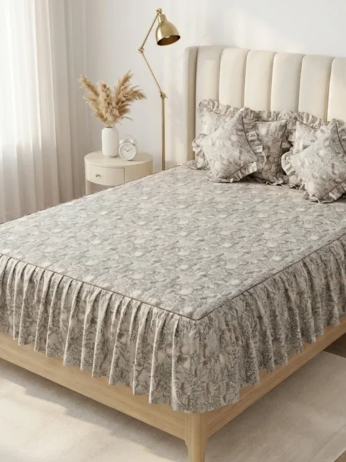 Frill bedsheet king size set in Sage Botanical pattern - 100% cotton frilled bedsheet with ruffle skirt, matching pillow covers and filled cushions in sage green floral print