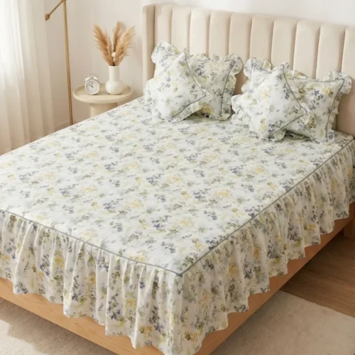 Frill bedsheet king size set in Spring Meadow pattern - 100% cotton frilled bedsheet with ruffle skirt, matching pillow covers and filled cushions in blue yellow floral print on white