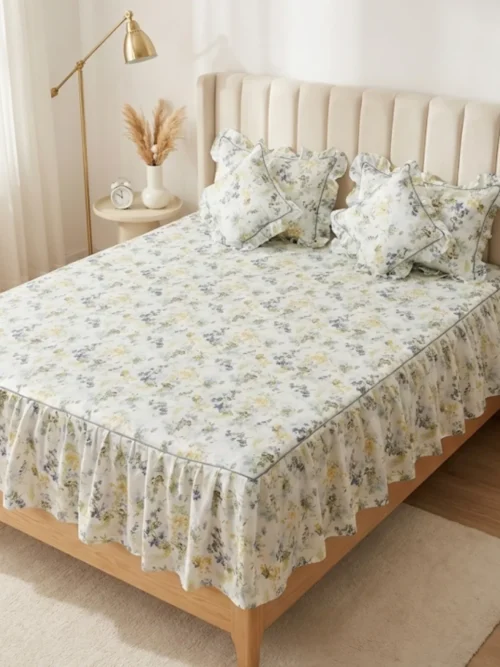 Frill bedsheet king size set in Spring Meadow pattern - 100% cotton frilled bedsheet with ruffle skirt, matching pillow covers and filled cushions in blue yellow floral print on white