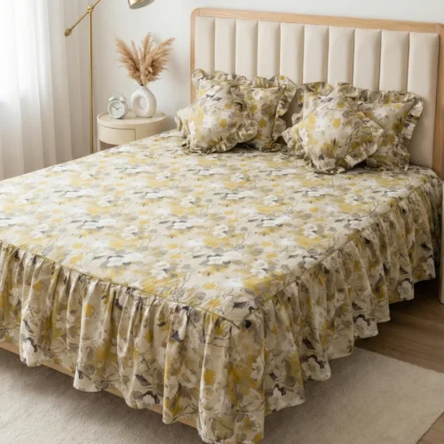 Frill bedsheet king size set in Sunlit Garden pattern - 100% cotton frilled bedsheet with ruffle skirt, matching pillow covers and filled cushions in yellow olive floral print on cream