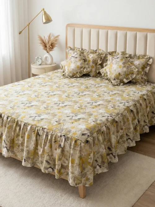 Frill bedsheet king size set in Sunlit Garden pattern - 100% cotton frilled bedsheet with ruffle skirt, matching pillow covers and filled cushions in yellow olive floral print on cream