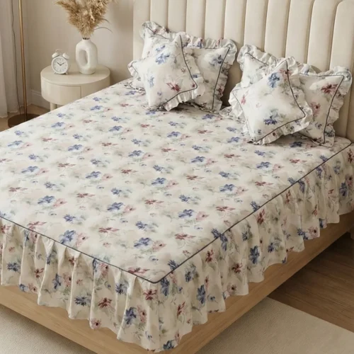 Frill bedsheet king size set in Vintage Blossom pattern - 100% cotton frilled bedsheet with ruffle skirt, matching pillow covers and filled cushions in soft blue pink floral print on cream