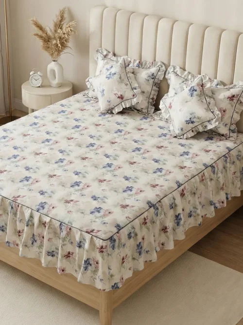 Frill bedsheet king size set in Vintage Blossom pattern - 100% cotton frilled bedsheet with ruffle skirt, matching pillow covers and filled cushions in soft blue pink floral print on cream