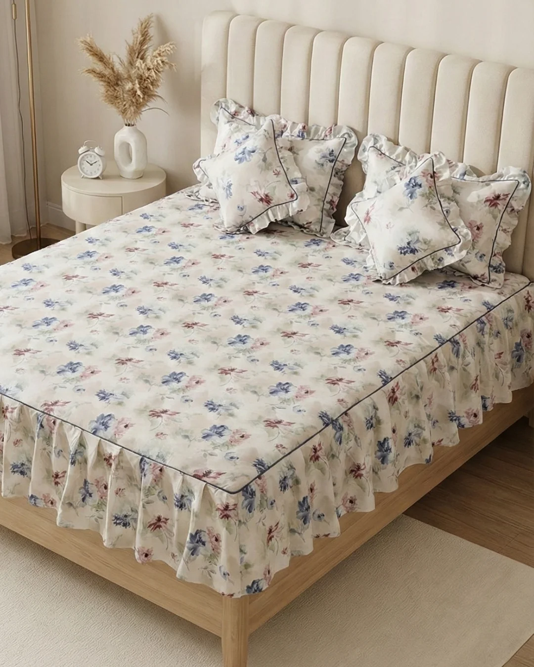 Frill Bedsheet King Size 72x78 | 100% Cotton Frilled Bedsheet Set with Pillow Covers & Filled Cushions – Vintage Blossom 1 Frill bedsheet king size set in Vintage Blossom pattern - 100% cotton frilled bedsheet with ruffle skirt, matching pillow covers and filled cushions in soft blue pink floral print on cream