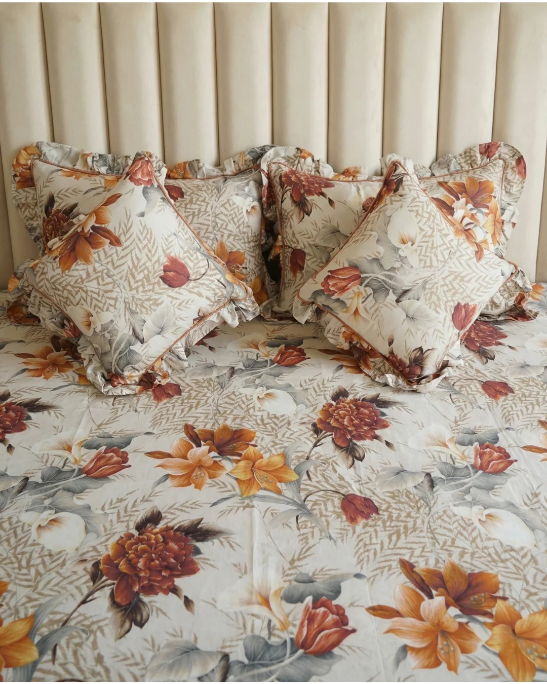 Frill Bedsheet King Size 72x78 | 100% Cotton Frilled Bedsheet Set with Pillow Covers & Filled Cushions – Autumn Bloom 2 Frilled pillow covers and filled cushions in autumn bloom floral print - included with frill bedsheet king size set - 28x18 inch pillow covers and 16x16 inch cushions in orange terracotta design