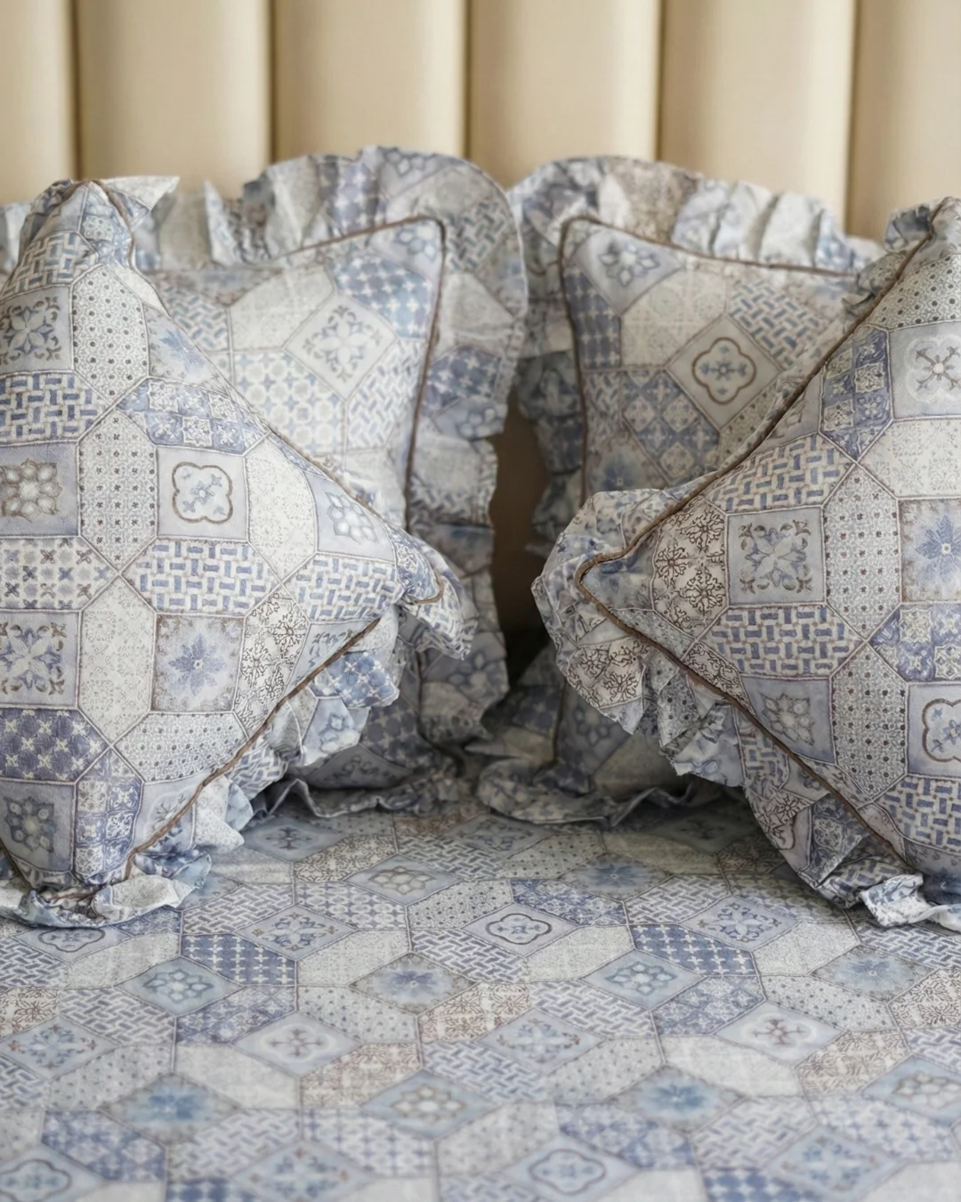 Frill Bedsheet King Size 72x78 | 100% Cotton Frilled Bedsheet Set with Pillow Covers & Filled Cushions – Blue Mosaic 2 Frilled pillow covers and filled cushions in blue mosaic geometric tile print - included with frill bedsheet king size set - 28x18 inch pillow covers and 16x16 inch cushions in Mediterranean patchwork design