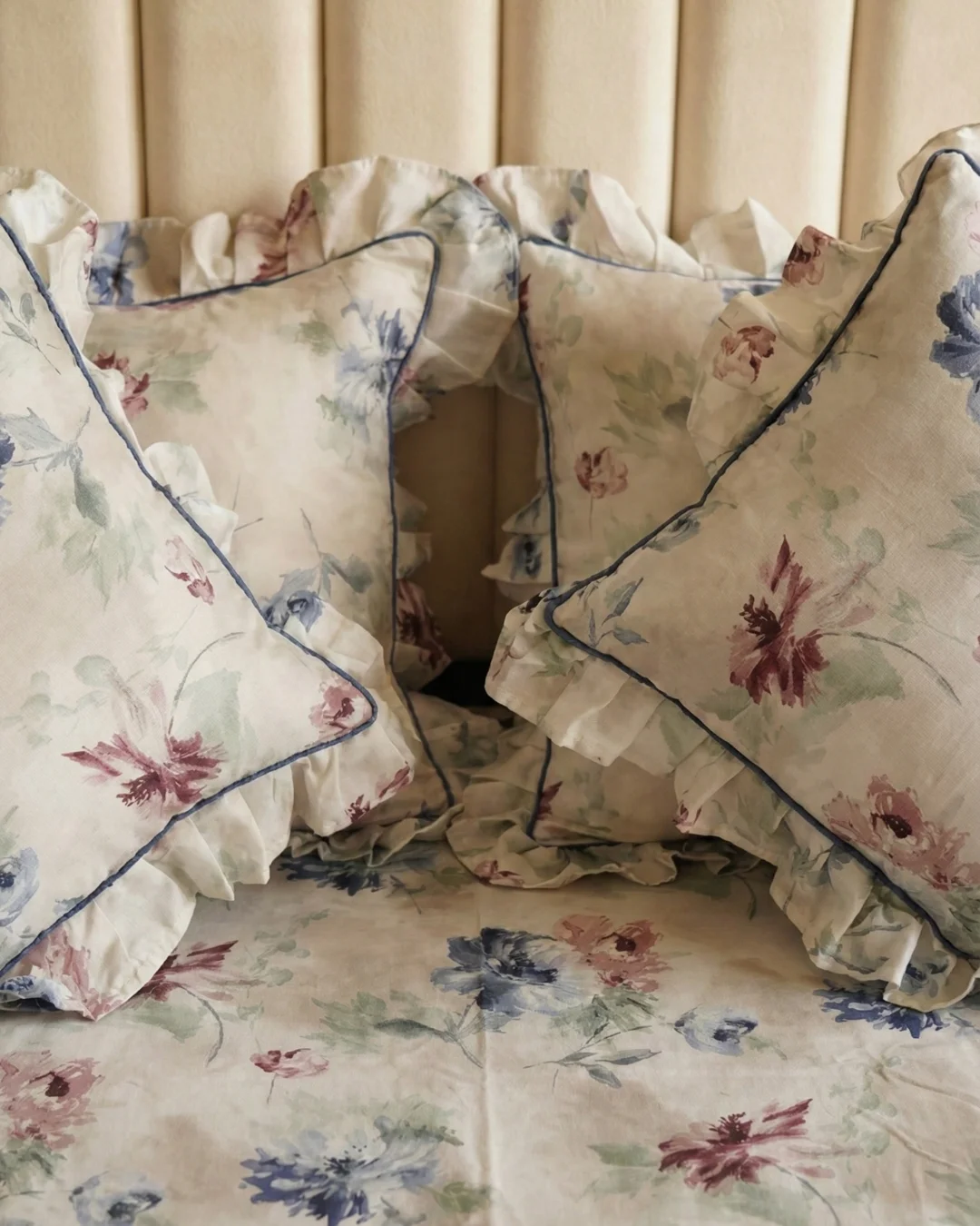 Frill Bedsheet King Size 72x78 | 100% Cotton Frilled Bedsheet Set with Pillow Covers & Filled Cushions – Vintage Blossom 2 Frilled pillow covers and filled cushions in vintage blossom floral print with navy blue contrast piping - included with frill bedsheet king size set - 28x18 inch pillow covers and 16x16 inch cushions