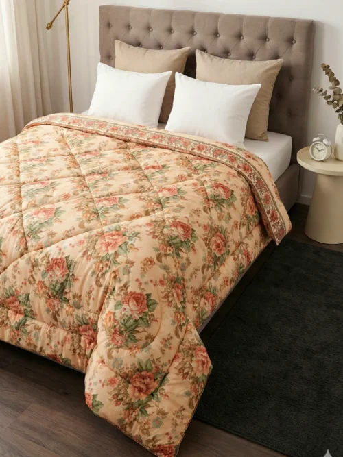 Sand heavy winter rajai on king size bed - 450 GSM heritage floral quilt with coral rose print