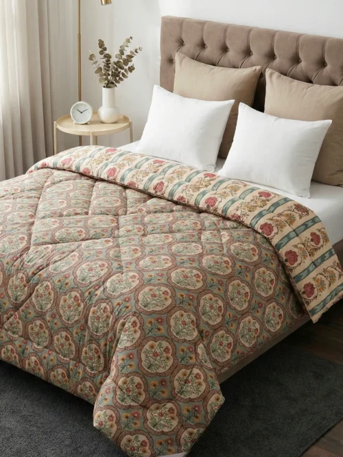Tan heavy winter rajai on king size bed - 450 GSM ethnic paisley quilt with medallion digital print